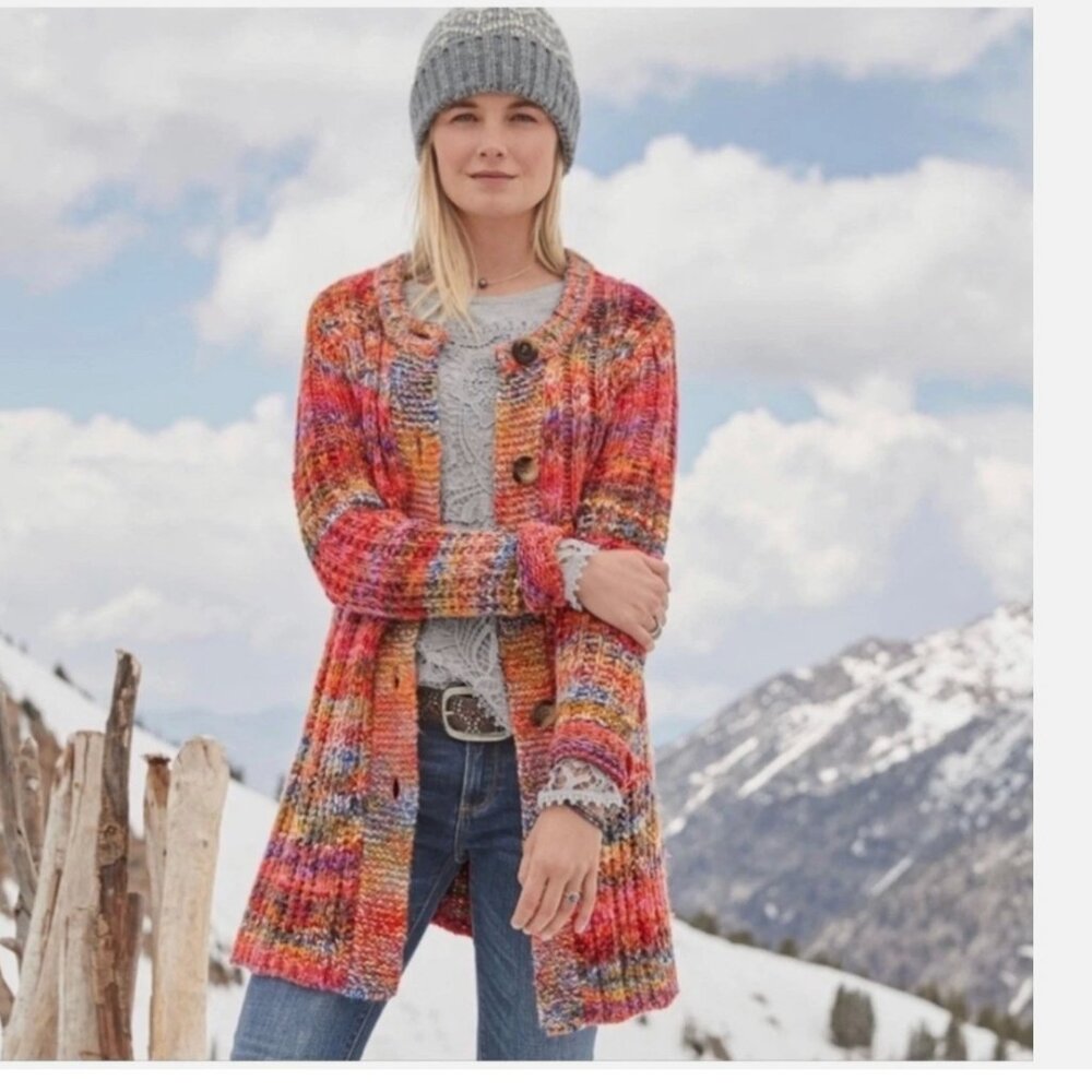 Sundance Long Chunky Knit Cardigan in Rainbow‎ Print Wool Blend Sz Medium - Picture 2 of 9